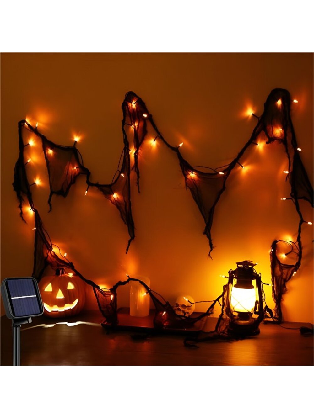 Halloween String Lights Solar with Black Creepy Cloth, 16.4FT and 50 LEDs